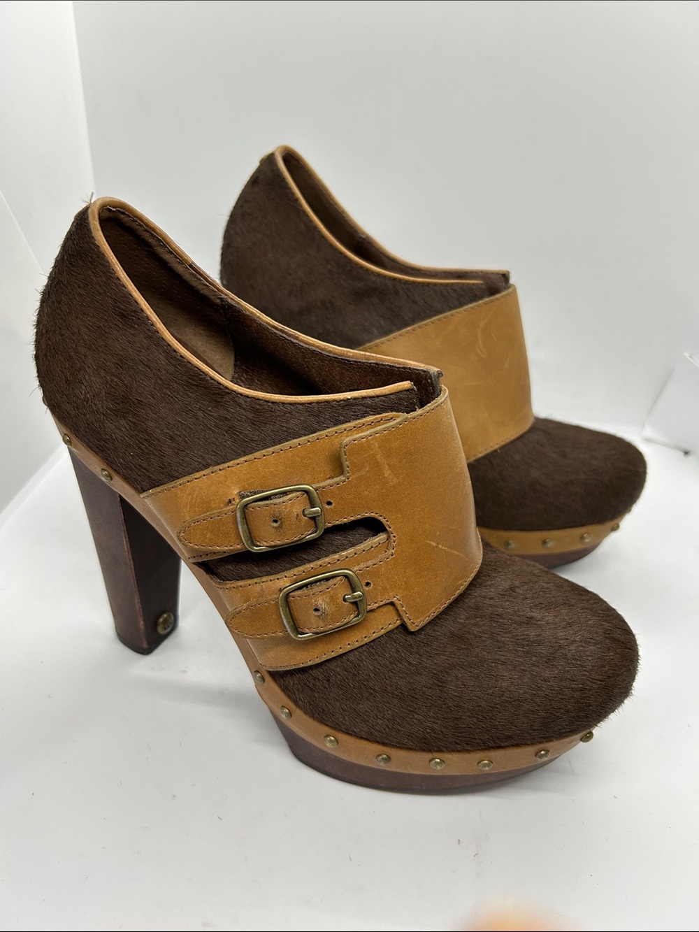 UGG Booties ILLana Calf Hair Brown Platform Heels Boots Women's 7.5 Monk Straps
